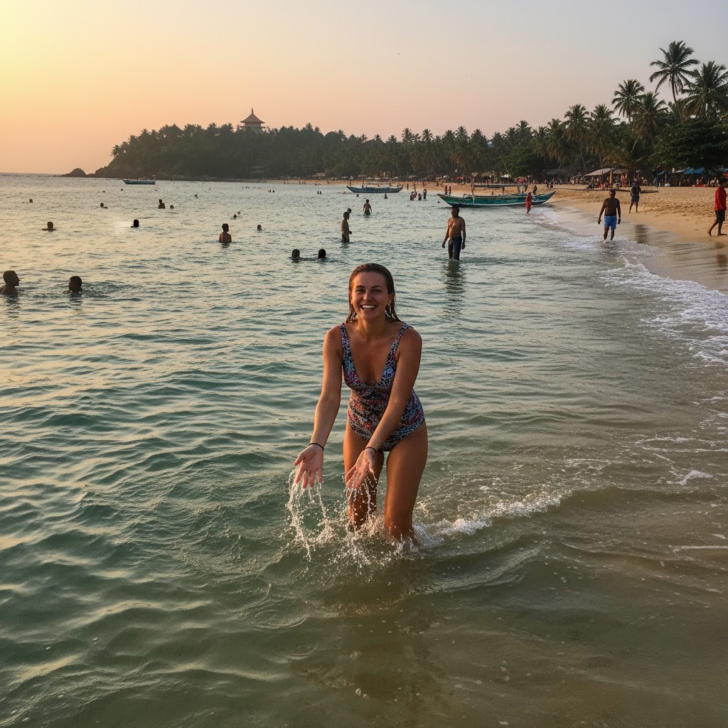 A foreign woman bathing at Unawatuna Beach