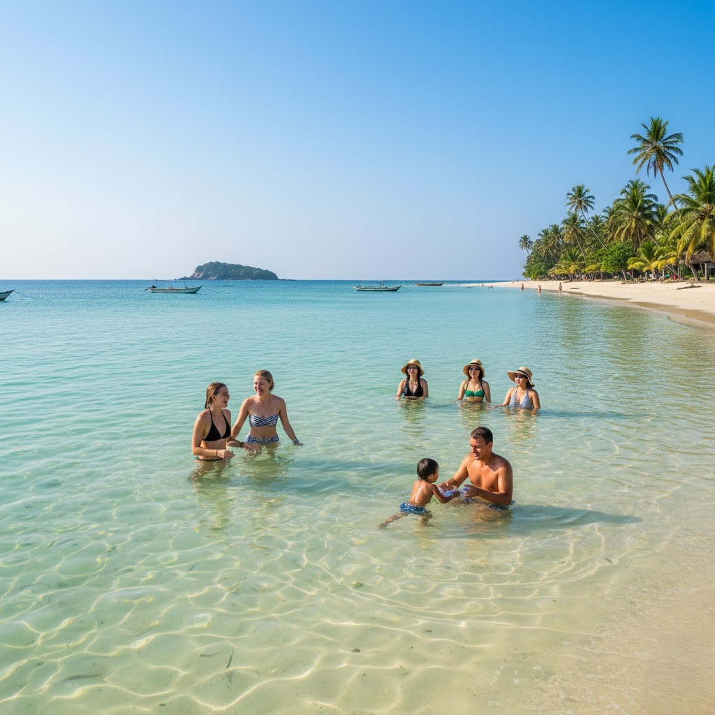 foreigners enjoying a bath at Nilaveli Beach in Trincomalee Sri Lanka