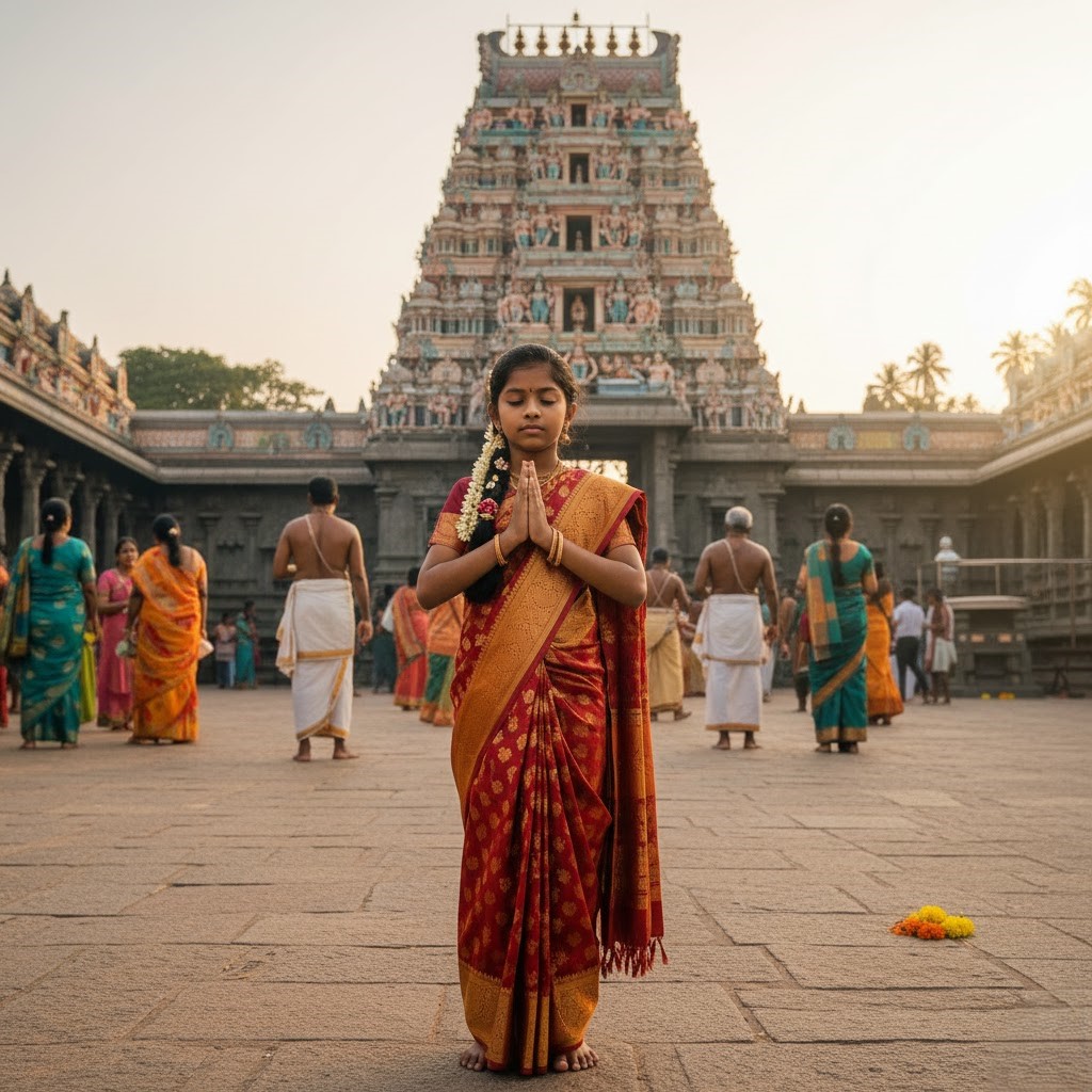 Tamil girl worshipping at the Nallur Kovil in Jaffna Sri Lanka