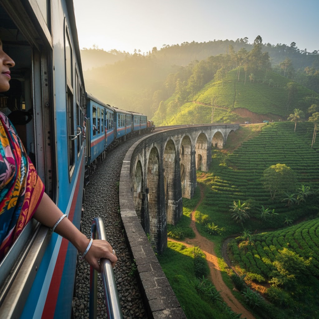 Train traveling across the iconic Nine Arch Bridge Sri Lanka